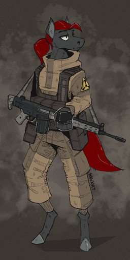 anthro armor armor_plates barefoot battle_rifle clothing ears_up feet female fur gloves grey_body grey_fur gun hair handwear hk_g3 hooves looking_aside military ranged_weapon red_hair rifle solo weapon mawkvlt heckler_and_koch s.t.a.l.k.e.r. equid equine horse mammal 1:2 absurd_res hi_res