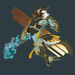 armor blue_armor boots chest_armor clothing flying footwear holding_object holding_weapon horn male rocket_boots shoes simple_background solo weapon bolthound guild_wars charr felid mammal 1:1 hi_res