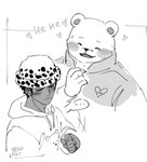 anthro biped blush clothing eyes_closed hat headgear headwear heart_symbol hoodie humanoid_hands male text topwear nekokat42 one_piece bepo_(one_piece) trafalgar_law bear human mammal minkmen_(one_piece) polar_bear ursine 2024 hi_res monochrome