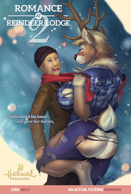 after_transformation anthro antlers beanie beard big_breasts big_butt blonde_hair breasts brown_body brown_fur butt clothing coat duo eye_contact facial_hair female female_anthro female_on_human fur hair hat headgear headwear hoof_hands horn human_on_anthro interspecies larger_anthro larger_female looking_at_another male male/female male_on_anthro mustache neck_tuft short_tail size_difference snow snowing tail text topwear torn_sweater tuft winter littlenapoleon deer human mammal new_world_deer reindeer 2026 english_text hi_res