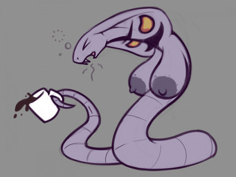 animal_genitalia areola beverage blotchy_areola breasts busty_feral cloaca coffee coffee_mug eyes_closed fangs female feral genitals grey_background groggy nipples scales simple_background solo spilling_drink teeth ikakins nintendo pokemon arbok generation_1_pokemon pokemon_(species) hi_res