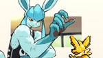 2024 5_fingers anthro athletic athletic_anthro black_clothing black_topwear blue_arms blue_ears blue_fingers blue_hands blue_inner_ear claws clothing dahecksajerry eeveelution finger_claws fingers generation_1_pokemon generation_4_pokemon glaceon jolteon nintendo pierrot_(dahecksajerry) pokemon pokemon_(species) topwear vein yellow_body