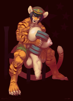 anthro balls big_balls big_breasts big_penis biped black_hair breasts clothing exercise flaccid foreskin genitals gynomorph hair hat headgear headwear huge_balls huge_breasts huge_penis humanoid_genitalia humanoid_penis intersex long_foreskin muscular muscular_anthro muscular_gynomorph muscular_intersex nipples penis short_hair solo stripes unretracted_foreskin vein veiny_penis weightlifting weights workout yellow_eyes nibiki baojun xin_huang felid mammal pantherine tiger hi_res
