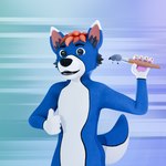 3d_(artwork) anthro blue_body blue_fur canid canine canis digital_media_(artwork) facial_tuft fur hair looking_at_viewer male mammal multicolored_body smile solo standing tail tinytouch tuft white_body wolf