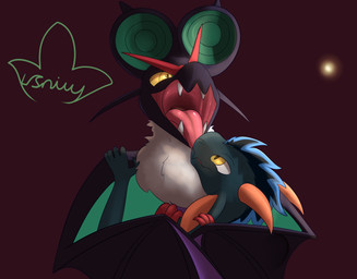 ambiguous_gender anthro duo feral mouth_shot open_mouth simple_background leafysnivy mythology nintendo pokemon casil_sly bat dragon generation_6_pokemon kobold mammal mythological_creature mythological_scalie noivern pokemon_(species) scalie hi_res tagme