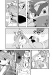 ambiguous_gender bodily_fluids comforting duo female holding_object kneeling lustrous_orb motion_lines smile tears text ryou_tani nintendo pokemon may_(pokemon) pokemon_trainer generation_6_pokemon hoopa hoopa_(unbound) legendary_pokemon pokemon_(species) comic hi_res japanese_text monochrome translation_check translation_request