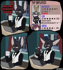 4_panel_comic angry anthro beverage black_body black_clothing black_fur black_hair black_shirt black_topwear breaking_object button_(fastener) cheek_tuft city city_background clothing coffee coffee_mug computer curtains_open destruction dialogue dipstick_ears ear_markings ear_piercing ears_down electronics employee eyebrow_through_hair eyebrows eyewear facial_tuft female femboy fur furniture gesture glasses gold_button gold_glasses grey_body grey_fur hair head_tuft humor inside internet laptop looking_at_viewer maid_uniform male markings mole_(marking) multicolored_ears neck_tuft necktie orange_body orange_fur piercing pink_eyes pink_inner_ear pivoted_ears pun pupils raised_eyebrow raised_finger raised_pinky rating_scale red_hair review shirt slit_pupils smile solo star suit table text tongue tongue_out topwear translucent translucent_hair tuft typing uniform upset visual_pun website white_body white_clothing white_eyes white_fur white_markings white_necktie white_suit window working suitedwolfie abigail_(suitedwolfie) balthy_(suitedwolfie) cain_(suitedwolfie) bat canid canine fox mammal marble_fox red_fox true_fox wingless_bat 2025 colored comic digital_drawing_(artwork) digital_media_(artwork) english_text hi_res watermark