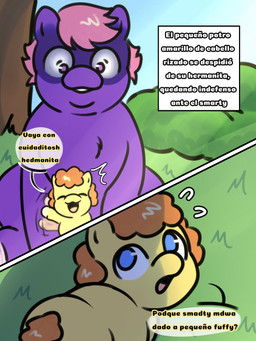 ambiguous_feral ambiguous_gender blue_eyes bodily_fluids day dialogue feral hair imminent_rape imminent_sex neonate orange_hair outside pink_eyes pink_hair purple_body quadruped rape_face sweat text yellow_body young young_ambiguous young_feral giggle_fluffy's fluffy_pony equid equine fluffy_pony_(species) horse mammal pony 3:4 comic digital_media_(artwork) hi_res spanish_description spanish_text translated_description translation_request