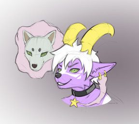 2_horns anthro collar ear_piercing ear_ring feral gradient_background green_sclera hair horn jewelry male necklace pendant piercing possession ring_piercing ringed_eyes simple_background smile white_hair loonertick kekkaishi slightly_damned buwaro_elexion madarao_(kekkaishi) ayakashi canid canine canis demon fire_demon_(slightly_damned) ghost mammal spirit wolf 2025 absurd_res headshot_portrait hi_res portrait