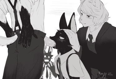 5_fingers anthro balls big_ears biped black_body black_bottomwear black_clothing black_fur black_necktie black_pants blush blush_lines bodily_fluids bottomwear claws clothed clothing countershading erection eyebrows facial_tuft fangs fellatio fingers fur genitals gloves_(marking) group hair half-closed_eyes hand_on_head hand_on_hip holding_head humanoid_genitalia humanoid_penis interspecies jacket kneeling leaning looking_at_another looking_pleasured male male/male markings membrane_(anatomy) narrowed_eyes necktie open_bottomwear open_clothing open_mouth open_pants oral pants penile penis saliva sex shirt shocked simple_background size_difference smile standing suit_jacket suspenders sweat sweater tail teeth topwear tuft webbed_hands white_clothing white_shirt white_topwear wide_eyed murizy the_wize_wize_beasts_of_the_wizarding_wizdoms_(mucknagabe) alan_(mucknagabe) allhoff_(mucknagabe) carreras_(mucknagabe) eddington_(mucknagabe) bat domestic_cat felid feline felis hare lagomorph leaf-nosed_bat leporid mammal microbat vampire_bat yangochiropteran 2024 absurd_res digital_drawing_(artwork) digital_media_(artwork) hi_res monochrome