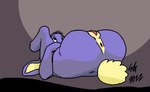 anthro anus big_butt blue_body blue_fur butt comic female floppy_ears fur genitals indigo_(useful_bear) lagomorph leporid lop_ears lying mammal nude on_back presenting presenting_hindquarters purple_eyes pussy rabbit simple_background solo useful_bear yellow_body yellow_fur