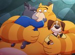 anthro belly big_belly clothed clothing eyes_closed group hug kissing male male/male overweight overweight_male size_difference leothelionel paws_of_fury:_the_legend_of_hank hank_(paws_of_fury) jimbo_(paws_of_fury) sumo_(paws_of_fury) canid canine canis domestic_cat domestic_dog felid feline felis mammal 2022 hi_res