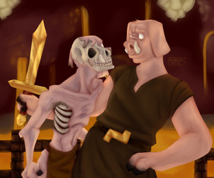 ambiguous_gender anthro belt bone bottomwear brown_bottomwear brown_clothing brown_loincloth clothed clothing duo ear_piercing exposed_bone exposed_rib_cage exposed_skull eye_contact fingers gold_(metal) gold_belt golden_sword holding_melee_weapon holding_object holding_weapon hooves loincloth looking_at_another melee_weapon pants piercing pink_body rib_cage ribs shirt skull sword tan_body teeth the_nether_(minecraft) topwear tusks weapon problemsattic microsoft minecraft mojang xbox_game_studios mammal piglin suid suine sus_(pig) undead zombie zombified_piglin digital_media_(artwork) hi_res