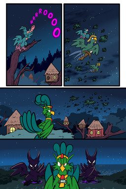 4_panel_comic accessory ambiguous_gender beak biped cornu_(device) eyes_closed feathered_wings feathers feet feral flying grass green_body green_wings group holding_object holding_ranged_weapon holding_weapon jewelry necklace night outside page_number plant purple_text ranged_weapon red_eyes sky sound_effects standing star tail tail_feathers talons text toes toony tree tree_house weapon white_eyes white_sclera window wings yellow_beak virmir avian 2025 2:3 absurd_res comic english_text hi_res
