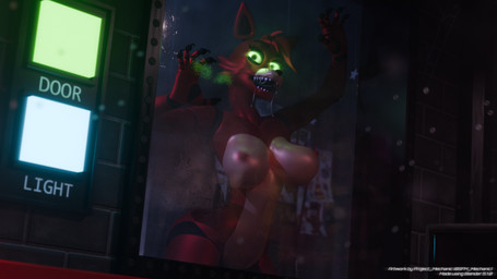abs anthro areola behind_glass big_breasts bodily_fluids breasts claws crossgender drooling dutch_angle female glass glistening glistening_body glowing glowing_eyes green_eyes inside licking_glass looking_at_viewer machine mtf_crossgender nipples open_mouth red_areola red_body red_nipples saliva saliva_string sharp_teeth solo teeth text tongue tongue_out project_mechanic disembowell_(modeler) psychojohn2_(modeler) five_nights_at_freddy's scottgames foxy_(fnaf) animatronic canid canine fox mammal robot robot_anthro 16:9 3d_(artwork) blender_(artwork) digital_media_(artwork) english_text hi_res widescreen