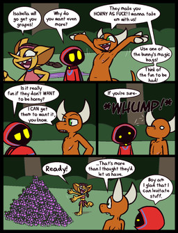 2_horns 4_fingers accessory anthro barefoot black_body blue_clothing blue_hood blue_robe bottomwear cape claws clothing dialogue feet female finger_claws fingers forest green_eyes green_pupils grin group hands_above_head happy headband horn male midriff mouthless nipples no_pupils onomatopoeia orange_body orange_scales pink_bottomwear pink_clothing pink_headband pink_nipples pink_shirt pink_skirt pink_topwear plant profanity pupils raised_arms red_cape red_clothing red_hood red_robe robe scales sharp_teeth shirt skirt slit_pupils smile sound_effects speech_bubble teeth text topwear tree trio white_claws white_horn yellow_body yellow_eyes yellow_skin ultilix isabella_(ultilix) leo_the_magician to-be-named-later demon goblin humanoid 2026 comic english_text hi_res