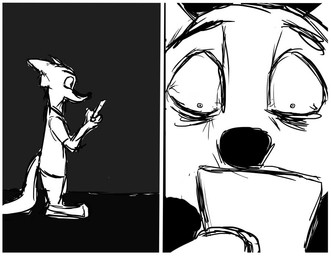 anthro clothed clothing dark holding_object male photo scared shocked solo zalgo_(artist) disney zootopia nick_wilde canid canine fox mammal red_fox true_fox 2016 monochrome
