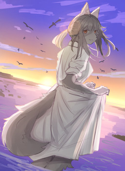anthro beach clothing cloud detailed_background dress female hair sky solo sun sunset tail water white_clothing white_dress mametunu avian bird canid canine canis mammal wolf 2022 absurd_res digital_drawing_(artwork) digital_media_(artwork) hi_res