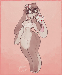 accessory anthro big_pupils border bottomless bow_ribbon breasts brown_body brown_fur cleavage clothed clothing countershading crop_top doll eyewear female fur glasses hair hair_accessory hair_bow hair_ribbon holding_doll null pink_background pink_border pupils rectangular_glasses red_eyes ribbons shirt short_hair simple_background solo stitch_(sewing) tail topwear wide_hips baranarts animate_inanimate lagomorph leporid living_doll mammal rabbit 2026 5:6 hi_res
