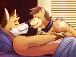 anthro arm_tuft bed bed_sheet bedding black_nose blep blue_collar brown_body brown_eyebrows brown_fur brown_hair cheek_tuft collar collar_only countershade_face countershade_torso countershading cuddling duo eyebrows eyes_closed facial_tuft fur furniture gloves_(marking) hair head_on_pillow head_tuft light male male/male markings morning nude nude_male romantic romantic_couple short_hair shoulder_tuft smile snaggle_tooth star_(marking) sunlight tan_body tan_fur tongue tongue_out toothy_grin tuft under_covers waking_up white_body white_fur yellow_eyes ventkazemaru joshuathefox otter_(ventkazemaru) canid canine fox mammal mustelid otter 2024 dated digital_media_(artwork) hi_res watermark