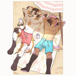 anthro arm_tuft beach beach_umbrella beverage_can bottomwear brown_body brown_fur clothed clothing duo ear_piercing elbow_tuft eye_contact eyewear fur hair high-angle_view highlights_(coloring) looking_at_another lying male multicolored_body multicolored_fur notched_ear on_back parasol paws piercing pink_hair pink_highlights pink_spots sand shorts shorts_only spots sunglasses tail topless tuft gato_iberico canid canine canis domestic_dog hyena mammal 1:1 2024 digital_media_(artwork) hi_res signature