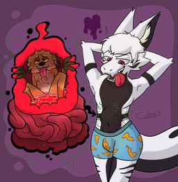 anthro duo guts internal intestines male male/male male_pred male_prey organs vore voregonzola colby(voregonzola) aquatic canid canine domestic_cat felid feline felis fish fox hybrid mammal serval shark hi_res