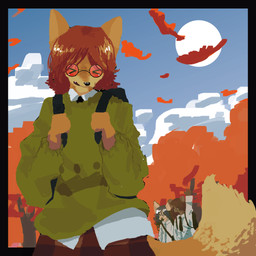anthro autumn autumn_leaves backpack black_border blue_sky border bottomwear clothing cloud detailed_background eyes_closed eyewear falling_leaves female glasses green_clothing hair leaf necktie raised_hand red_eyewear red_glasses red_hair school_uniform shirt short_hair skirt sky smile smiling_at_viewer solo sun sweater topwear uniform wind illutrator shima_(volaworld) toshikadzu_(volaworld) bear canid canine fox mammal nazari 1:1 color_contrast hi_res