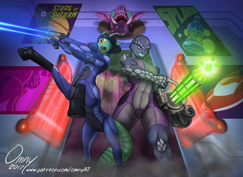 city clothing duo green_body green_skin gun jumpsuit laser low-angle_view poster ranged_weapon science_fiction spacecraft vehicle weapon omny87 adult_swim cartoon_network rick_and_morty interstellar_demon_stripper alien cyclops mammal taur