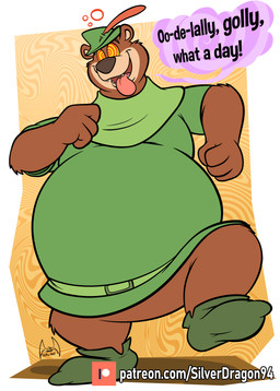 anthro backwards_hat belly belt big_belly bottomless bottomless_male bycocket clothed clothing footwear green_clothing hat hat_feather headgear headwear huge_belly hypnosis hypnotic_eyes loose_feather male mind_control obese obese_anthro obese_male open_mouth overweight overweight_anthro overweight_male shirt shoes singing solo speech_bubble standing text tongue tongue_out topwear tunic walking soul-silver-dragon little_john bear brown_bear mammal ursine absurd_res english_text hi_res url
