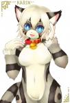 anthro bell bell_collar blue_eyes blush breasts collar featureless_breasts featureless_crotch female fingers fur fur_gauntlets grey_body grey_fur hair inner_ear_fluff kemono mostly_nude navel open_mouth short_hair solo striped_body striped_fur stripes tuft white_body white_fur white_hair nasheru karin_(tetetor-oort) domestic_cat felid feline felis mammal 2012 hi_res portrait three-quarter_portrait