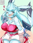 anthro anthrofied big_breasts blue_body blush breasts clothed clothing female fur heart_symbol pokemorph smile solo eringi nintendo pokemon canid canine eeveelution generation_4_pokemon glaceon mammal pokemon_(species) absurd_res hi_res