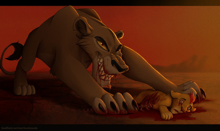 blood blood_from_eye blood_from_mouth blood_in_mouth blood_on_face blood_pool bodily_fluids child_murder corpse death disembowelment female feral gore guard guts intestines king leering looking_at_viewer male mature_female mature_feral nosebleed on_top organs royalty toothy_grin young mankokat disney the_lion_guard the_lion_king kion_(the_lion_guard) zira_(the_lion_king) felid lion mammal pantherine