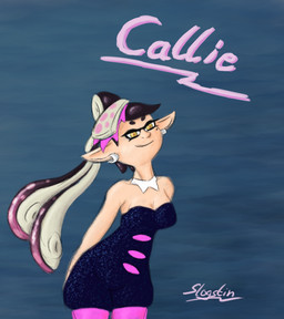 black_hair breasts clothing ear_piercing ear_ring female hair light_body light_skin long_ears medium_breasts pale_skin piercing ring_piercing solo yellow_eyes slogstin nintendo splatoon callie_(splatoon) aquatic cephalopod humanoid inkling mollusk hi_res