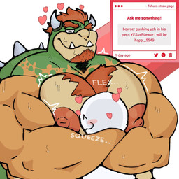 2_horns anthro bared_teeth beard biceps big_muscles big_nipples big_pecs bodily_fluids body_hair chest_hair face_in_breasts facial_hair hair hairy heart_symbol horn hug huge_pecs hugging_another male muscular muscular_anthro muscular_male nipples pecs pressing_against shell smile smirk solo spikes sweat teeth text tight_hug crococola mario_bros nintendo bowser humanoid koopa scalie 1:1 english_text hi_res