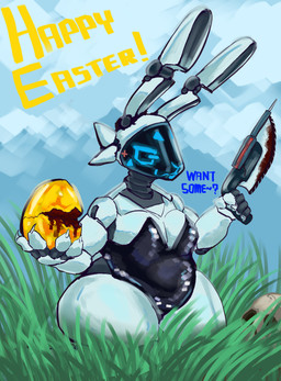 anthro belly blue_sky bone bone-saw breasts bunny_costume candy chocolate chocolate_egg clothing costume cybernetics dessert display_face egg female food glowing glowing_eyes glowing_face grass holidays leotard machine marker medic_symbol medical medical_instrument medium_breasts plant scientific_instrument shortstack shortstack_female skull sky slightly_chubby slightly_chubby_anthro slightly_chubby_female solo thick_thighs white_body wide_hips furociousarts easter sage_knochen lagomorph leporid mammal rabbit robot robot_anthro absurd_res hi_res
