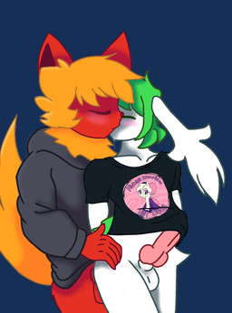 anal anthro blonde_hair blush bodily_fluids clothed clothing duo erection erection_under_clothing fur genitals green_hair hair kissing knot knotted_penis male male/male neck_tuft orange_hair pantsless penis red_body red_fur saliva shirt text text_on_clothing text_on_shirt text_on_topwear topwear tuft white_body white_fur anonymous_artist nintendo pokemon reggie_(whygena) sora_(fursora) canid canine canis generation_4_pokemon legendary_pokemon mammal pokemon_(species) shaymin sky_forme_shaymin wolf alpha_channel