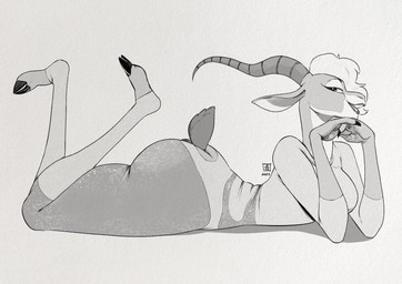 anthro bedroom_eyes big_butt butt clothing curvy_figure feet_up female hair hooves horn long_legs lying narrowed_eyes on_front open_mouth seductive simple_background small_waist solo spandex tail thick_thighs tight_clothing white_background wide_hips aaron_schmit disney zootopia gazelle_(zootopia) antelope bovid gazelle mammal thomson's_gazelle true_antelope 2025 digital_media_(artwork) hi_res monochrome watermark