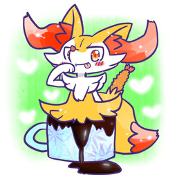 ambiguous_anthro ambiguous_gender anthro beverage biped blush blush_stickers closed_smile coffee container cup cute_fangs dipstick_tail fangs food front_view hand_to_mouth heart_symbol in_container in_cup looking_at_viewer markings micro mouth_closed mug object_in_tail outline shrimp_(food) simple_background smile solo standing tail tail_markings teeth tongue tongue_out annyui0611 nintendo pokemon braixen canid generation_6_pokemon mammal pokemon_(species) 1:1 2024 digital_drawing_(artwork) digital_media_(artwork) hi_res japanese_description translated_description