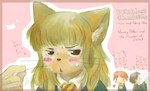 anthro biped blush bodily_fluids brown_body brown_fur clothed clothing eyes_closed eyewear fur glasses group gryffindor humanoid_hands kemono necktie sweat text utsuki_maito harry_potter_(series) harry_potter hermione_granger ron_weasley felid feline human mammal japanese_text translation_request