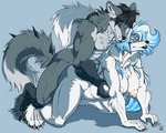 2021 5:4 anthro big_breasts biped black_body black_hair black_scales blue_background blue_hair breasts canid canine canis claws digital_media_(artwork) doggystyle duo eyes_closed female fenrir_lunaris from_behind_position fur grey_body grey_fur hair lassie_lunaris male male/female mammal multicolored_body multicolored_fur muscular muscular_anthro muscular_male nipples pawpads pink_nipples scales sex simple_background toe_claws two_tone_body two_tone_fur white_body white_fur wolf