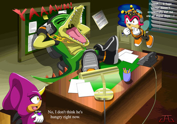 5_fingers anime_style anthro armor back_spikes black_boots black_clothing black_footwear black_nose black_shoes boots clothing crossed_legs desk dialogue electronics eyes_closed eyewear fingers footwear furniture furniture_lamp gaping_mouth gloves goggles green_body group handwear head_horn headgear headphones helmet horn inside male on_model open_mouth palate_ridges paper pegboard phone purple_body scared sharp_teeth shoe_soles shoes sonic_x_(style) spiked_tail spikes spikes_(anatomy) table tail teeth text tongue trio uvula water_cooler white_clothing white_gloves white_handwear yawn yellow_eyes kazuo_ichigama sega sonic_the_hedgehog_(series) sonic_x charmy_bee espio_the_chameleon vector_the_crocodile arthropod bee chameleon crocodile crocodilian hymenopteran insect lizard reptile scalie 2011 cel_shading digital_drawing_(artwork) digital_media_(artwork) english_text hi_res shaded