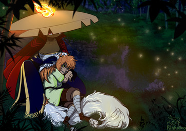 bamboo clothed clothing duo female fire fluffy fluffy_tail fur hair hengeyokai male melee_weapon not_furry outside paws sword tail topwear weapon white_body white_fur rinkamo palworld pocketpair rinkamo_(character) bushi_(pal) canid canine humanoid mammal pal_(species) 2025 absurd_res digital_media_(artwork) hi_res procreate_(artwork) signature