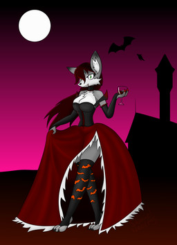 anthro armwear ball_gown clothing dress elbow_gloves female fingerless_gloves gloves handwear holidays legwear solo stockings samuel-neocros halloween canid canine canis mammal vampire wolf hi_res