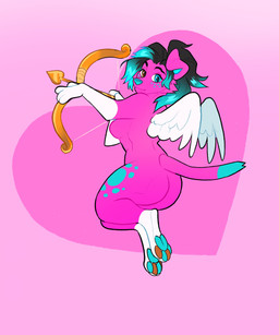 anthro arrow_(weapon) black_hair blue_eyes blue_highlights blue_nose blue_pawpads blue_spots bow_(weapon) breasts brown_eyes brown_pawpads butt female freckles fur hair heart_background heart_symbol heterochromia highlights_(coloring) holidays looking_at_viewer multicolored_pawpads nude pawpads pink_background pink_body pink_fur ranged_weapon simple_background solo sparklefur spots tail weapon white_body white_fur wings furbakery valentine's_day cass_(cassmutt) canid canine canis domestic_dog mammal 5:6 absurd_res hi_res