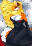 anthro blonde_hair clothing dress female flower grief hair kneeling plant poppy_(flower) raining remembrance solo wind cassielink canid canine fox mammal absurd_res digital_media_(artwork) hi_res