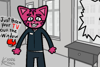 anthro apartment blue_eyes blue_jumpsuit broken_window city city_background cityscape crazy_eyes desk fur furniture grey_background magenta_body magenta_fur male male/male pink_body pink_fur red_arrow simple_background smile smiling_at_viewer solo table teeth teeth_showing text video_game_reference window kurzaen_(artist) half-life half-life_2 valve citizen_(half-life_2) kurzaen_(character) felid feline mammal watermark