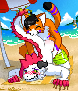 anal anthro ass_up beach beach_towel beach_umbrella beachwear black_hair blush bodily_fluids bottomwear bottomwear_down claws clothed clothing cloud doggystyle dragon_fruit duo food from_behind_position front_view fruit fur genital_fluids grabbing_from_behind green_bottomwear green_clothing green_eyes green_pupils green_shorts hair happy happy_sex highlights_(coloring) horn long_tail male male/male orange_body orange_fur parasol partially_clothed pinned plant pseudo_hair public public_sex pupils purple_body purple_fur purple_highlights red_body red_claws red_eyes red_hair red_scales red_sclera sand scale_hair scales scaly_tail sex sex_on_the_beach shorts shorts_down smile smirk swimming_trunks swimming_trunks_down swimwear tail towel voyeur waist_grab white_body white_fur davidkyatt mythology david_wonder canid canine canis domestic_cat domestic_dog dragon felid feline felis mammal mythological_creature mythological_scalie scalie shiba_inu spitz digital_media_(artwork) dithering pixel_(artwork)