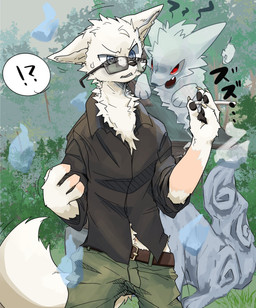 anthro black_pawpads blue_eyes bodily_fluids cigarette claws eyewear finger_claws fur fur_growth glasses growth human_to_anthro interrobang kemono looking_at_another male mid_transformation pawpads plant pupils red_eyes ringed_eyes sculpture sharp_teeth shrinking shrub size_transformation slit_pupils species_transformation spirit_transformation statue sweat tan_body tan_skin teeth transformation white_body white_fur wisps juutton canid canine fox human mammal hi_res shaded