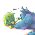 anthro blue_body blue_fur duo feeding fur horn kemono male simple_background teeth lowergold lowerkuo disney monsters_inc pixar mike_wazowski sulley humanoid monster 2014 digital_media_(artwork)