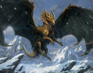 ambiguous_gender claws cloud detailed_background detailed_scales digitigrade feral finger_claws gold_scales long_neck mountain outside red_eyes scales sky snout snow snowing solo spikes spikes_(anatomy) tail toe_claws wing_claws wings alsares european_mythology mythology dragon mythological_creature mythological_scalie scalie western_dragon detailed shaded